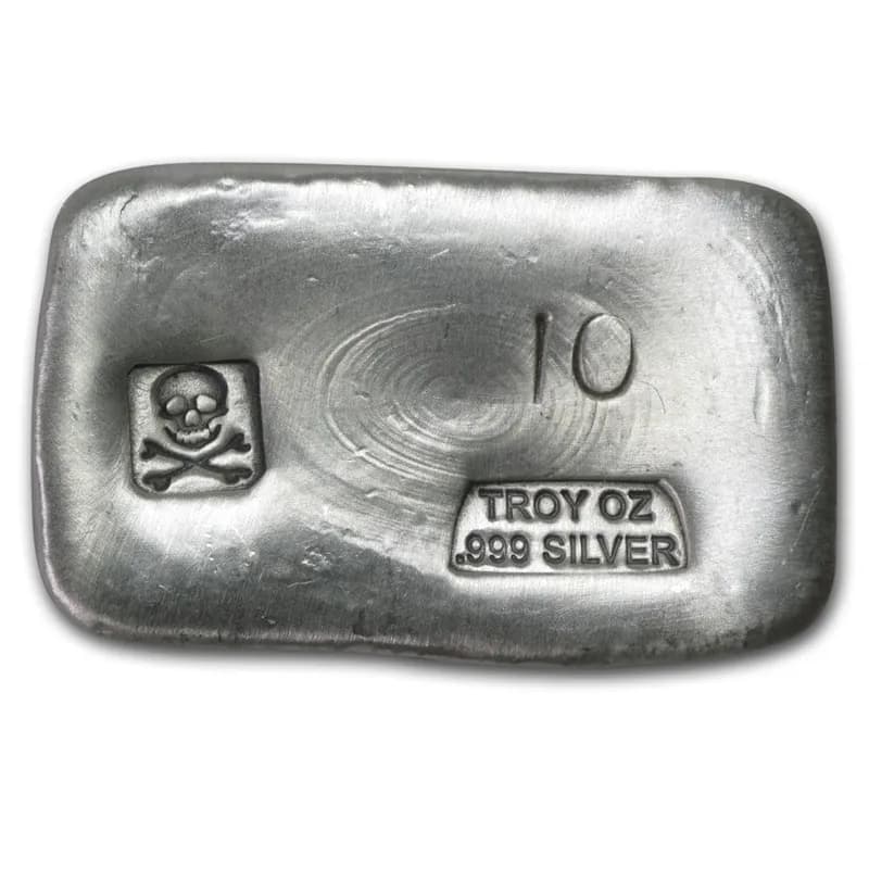 10OZ HAND-POURED SILVER BAR – PG & G (SKULL & BONES)