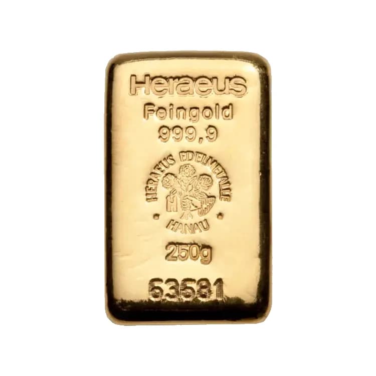 250g Heraeus Gold Bar Cast