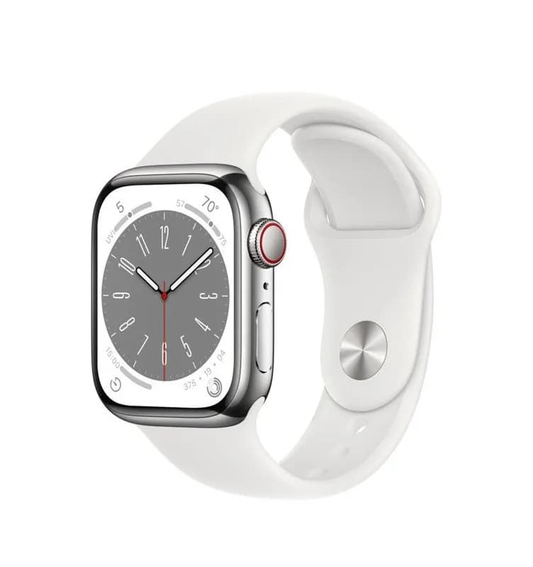 Apple Watch Series 8 GPS Cellular 41mm Silver Stainless Steel Case with White Sport Band - Regular
